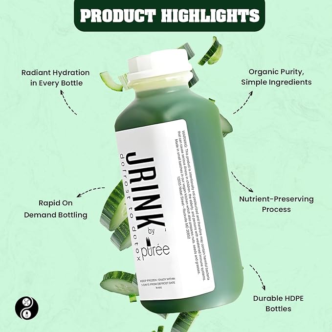 JRINK by Purée Organic Cucumber Juice, Cold Pressed Detox Drink, Healthy Cleanse with No Preservatives, Fresh Raw Juice in HDPE Bottles, Organic Fruit and Vegetable Cleanse Beverage, 16oz, Pack of 24