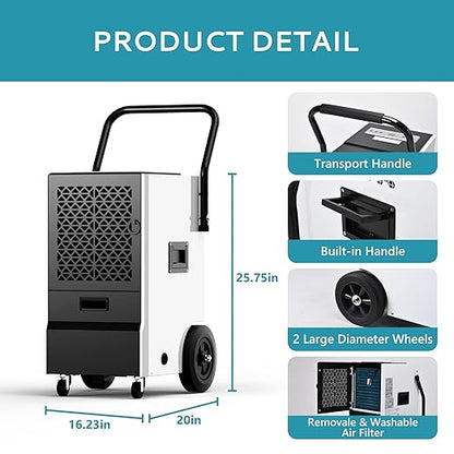 EUHOMY 160 Pints Commercial Dehumidifier, Large Dehumidifier With Drain Hose, Timer and 4 Wheels,Industrial Dehumidifiers for Flood Repair, Drying Basement, Warehouse and Factory