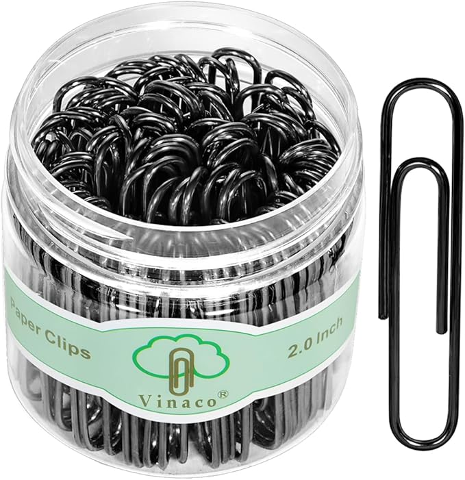Vinaco Paper Clips Black, 100 Pack Large Paper Clips 2 Inch (50 mm), Durable & Rust Resistant, Jumbo Paperclips. Great for Office, School and Personal Use (Black)