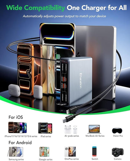 8-in-1 Retractable USB C Charger Block,105W Gan Usbc Fast Charging Station Hub for Multiple Devices,4 Retractable Cables,Type C Wall Charger Plug for iPhone 17 Pro/17/16/15/14/13,Galaxy S26,Pixel,iPad