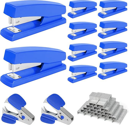 12 Pcs Staplers Metal Desktop Staplers Bulk Set for Office School Classroom Supplies with 2 Pcs Stapler Remover Puller, 8000 Pcs Staples 24/6mm Blue