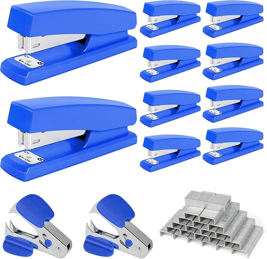 12 Pcs Staplers Metal Desktop Staplers Bulk Set for Office School Classroom Supplies with 2 Pcs Stapler Remover Puller, 8000 Pcs Staples 24/6mm Blue