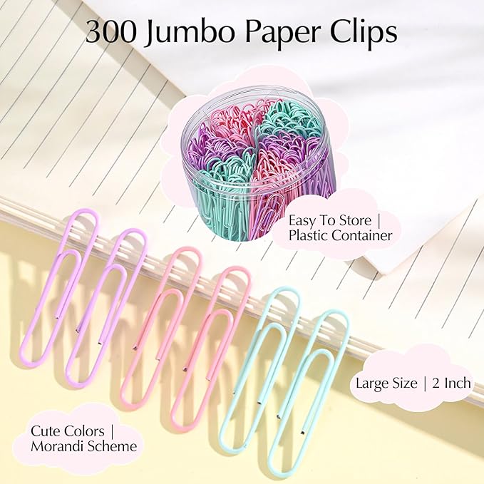 300psc 2 Inch Anti-Rust Metal Large Paper Clips in Macaron Purple, Pink & Green, Ideal for Office, Home & School Use, 50mm Jumbo Paper Clips, Cute Office Desk Supplies,