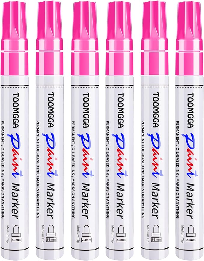 Pink Permanent Paint Pens - 6 Pack Oil Based Paint Markers, Pens For Rock Painting Car Tyre Metal, Plastic, Canvas, Mugs, Wood, Glass, Quick Drying and Waterproof, Medium Point