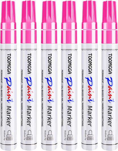 Pink Permanent Paint Pens - 6 Pack Oil Based Paint Markers, Pens For Rock Painting Car Tyre Metal, Plastic, Canvas, Mugs, Wood, Glass, Quick Drying and Waterproof, Medium Point
