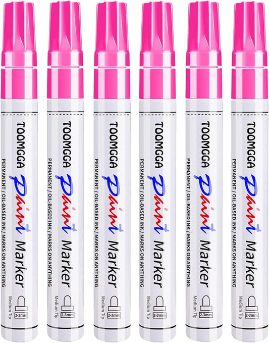 Pink Permanent Paint Pens - 6 Pack Oil Based Paint Markers, Pens For Rock Painting Car Tyre Metal, Plastic, Canvas, Mugs, Wood, Glass, Quick Drying and Waterproof, Medium Point
