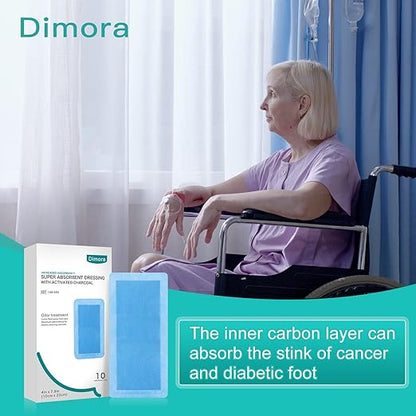 Dimora Upgrade Super Absorbent Dressing with Activated Charcoal, Superior Anti-Odor Moisture Absorpting Wound Dressing 4"x8" 10 Packs