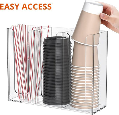 Richboom Acrylic Coffee Cup and Lid Storage Organizer Holder, 3 Compartments, Clear
