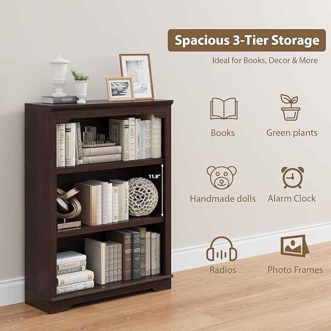 HIFYOBRO 3 Tier Bookshelf and Bookcase, 31.5" Wide Wooden Book Shelf, Freestanding Open Display Storage Bookshelves for Study Room, Home Office, Living Room (Cherry)