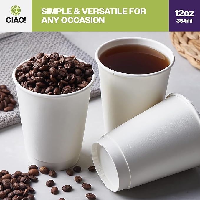 CIAO! 12 oz Insulated Double Wall White Paper Hot Cup, 90 mm Diameter, 500 Count
