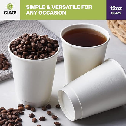 CIAO! 12 oz Insulated Double Wall White Paper Hot Cup, 90 mm Diameter, 500 Count