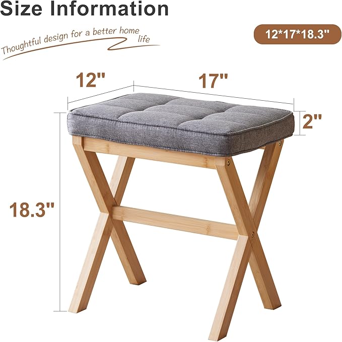 FILWH Foot Stool Small Ottoman Foot Rest Padded Foot Stool Desk Foot Stool for Under Office Desk Vanity Stool Bamboo Footstool Sofa Footrest Shoe Stool Small Foot Stools (Natural Legs + Gray)