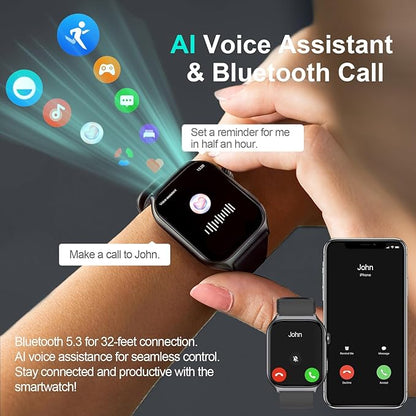 Digital Watch with 2" HD Color Screen, 45 Days Long Battery, IP68 Waterproof, Answer/Make Call/Quick Reply/AI Voice Assistant, 100+ Sport Modes, Health Fitness Tracker for Android and iOS (Gray)