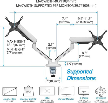 AVLT Dual 27”-43” RGB Gaming Monitor Arm Desk Mount Built-in 20 Lighting Modes Touch Button Control Fits Flat/Curved/Ultrawide Screen Height Swivel Tilt Rotation Adjustable Stand -White