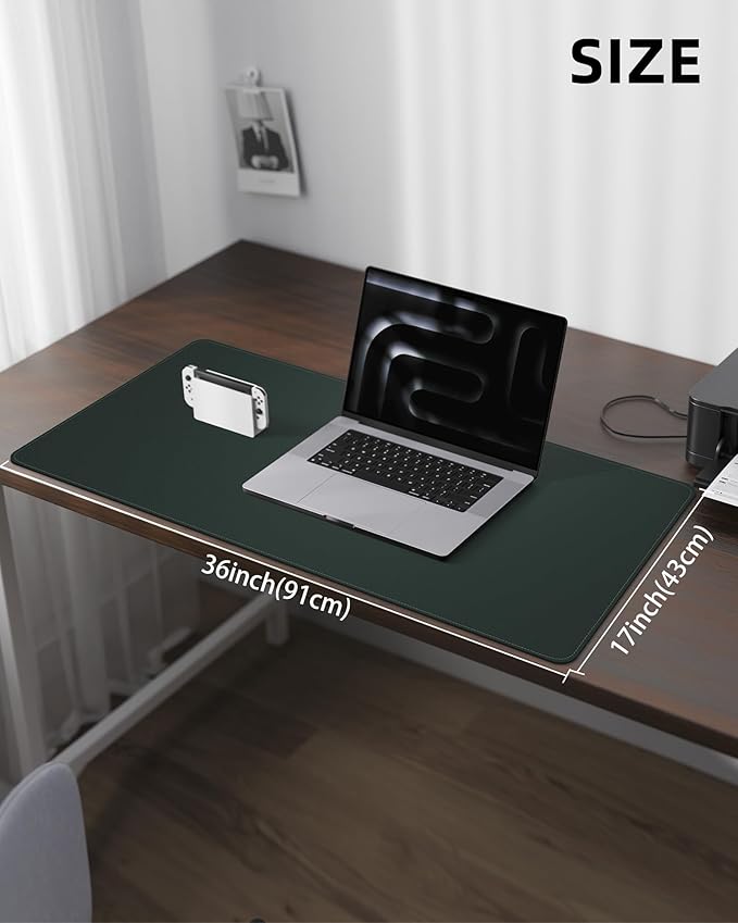 PU Leather Desk Pad – Large Waterproof Mouse Pad & Desk Protector Mat, 36×17" (Dark Green)