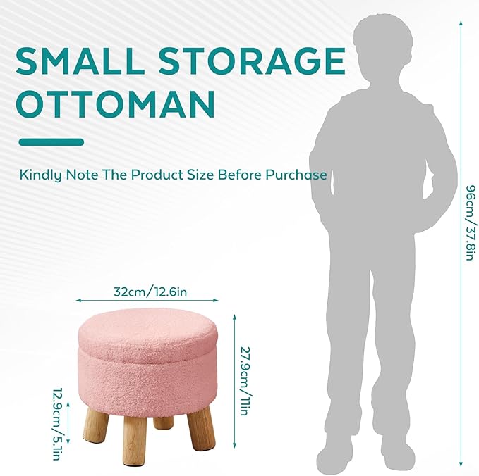 Small Foot Stool Ottoman with Storage, Sherpa Ottoman Foot Rest for Couch, Round Footstool with Storage, Small Ottomans and Footstools for Living Room and Entryway (Pink)