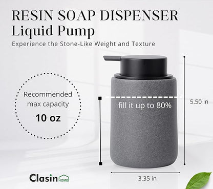 Resin Hand Soap Dispenser with Easy-to-Press Pump, Refillable Liquid Soap Dispenser with Sandstone Like Finish, Waterproof Bottle Labels for Bathroom Kitchen Dish Lotion (Gray, 10 oz)
