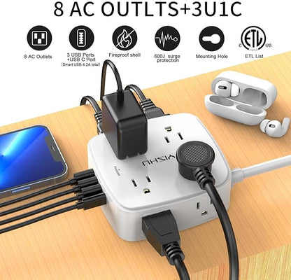 15 Ft Surge Protector Power Strip - 8 Widely Outlets with 4 USB Ports, 3 Side Outlet Extender with 15 Feet Extension Cord, Flat Plug, Wall Mount, Desk USB Charging Station, ETL, White