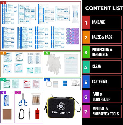 Small First Aid Kit - 165 Piece Dual-Color Emergency Medical Kit with Hard Shell & Fluorescent Exterior Coating, Emergency First Aid Kit for Home, Car, Travel, Hiking & Outdoor(Black/Yellow)