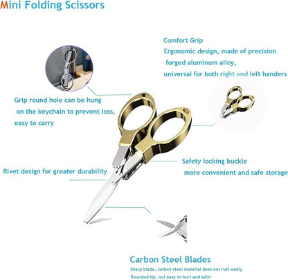 Mini Folding Scissors, Safe Portable Travel Mini Scissors, Stainless Steel Retractable Small Scissors for Home Office, Safe Portable Travel Scissors, 2 Piece Set (gold)