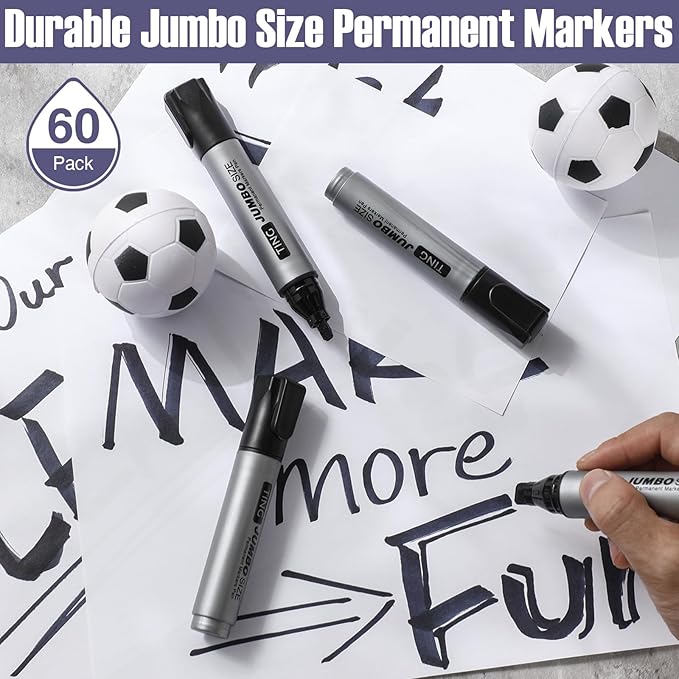 Cholemy 60 Pcs Jumbo Permanent Markers Bulk Large Permanent Chisel Tip Markers Waterproof Jumbo King Big Poster Large Paint Pens for Works on Wood Metal Stone