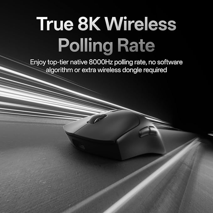 Rapoo VT7 Wireless Gaming Mouse, True 8K Wireless Polling Rate, 53g Lightweight, Up to 500 Hr Battery, Nordic nRF54L15 MCU, 100-Million Mechanical Switch, 10 Programmable Buttons, Black