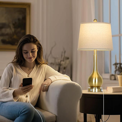 26" Gold Table Lamps Set of 2 for Living Room, Touch Control Bedroom Lamps for Nightstand, 3-Way Dimmable Bedside Lamp with USB A+C Port (2 LED Bulbs Included)