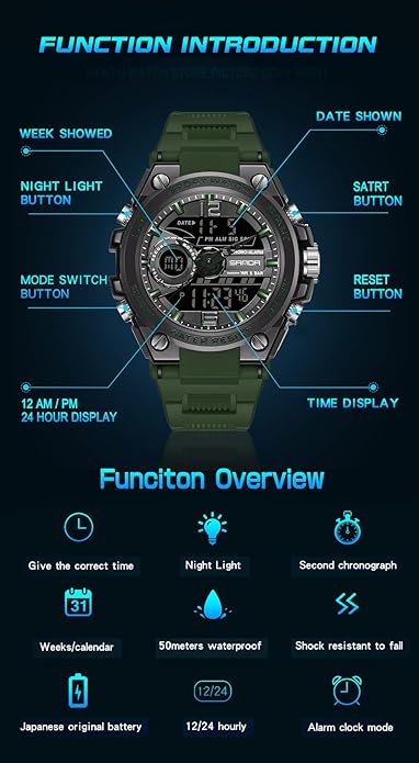 KXAITO Men's Watches Sports Outdoor Waterproof Military Watch Date Multi Function Tactics LED Alarm Stopwatch