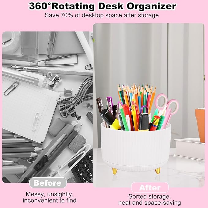 Desk Organizers and Accessories Set with 360-Degree Rotating Pen Holder, Tape Dispenser, Stapler, Staple Remover, 1000 Staples, Tape, Clips Set, Ruler, Scissor, Pen (White, 10 Pcs Set)