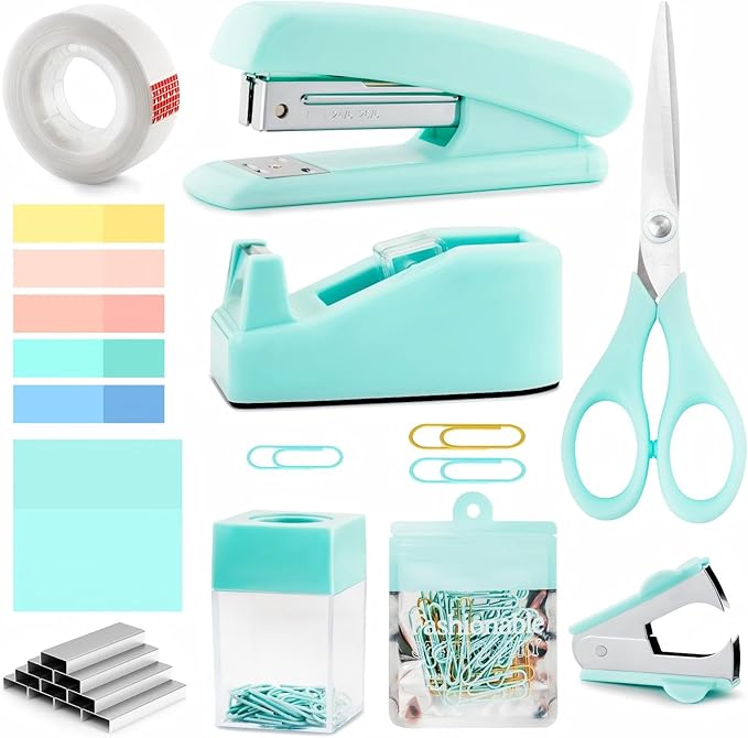 Teal Office Supplies, Teal Office Supplies and Accessories, Mint Green Stapler and Tape Dispenser Set for Women, Green Office Desk Accessories, Office Gift for Women, Office Lady, Coworkers
