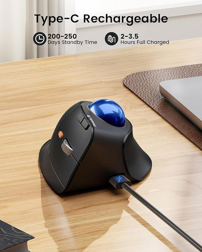 ProtoArc Vertical Wireless Trackball Mouse, EM05 NL Bluetooth Ergonomic Rollerball Mouse Rechargeable Computer Laptop Thumb Mice, 3 Device Connection, Compatible with iPad, Mac, Windows, PC-Blue