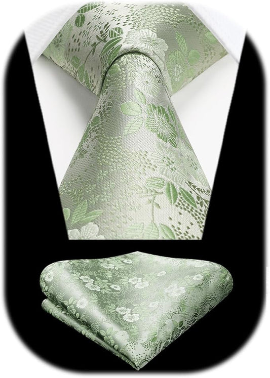 HISDERN Men Floral Ties Woven Classic 3.4" Necktie Set Formal Tie Pocket Square for Wedding with Handkerchief Gift Box