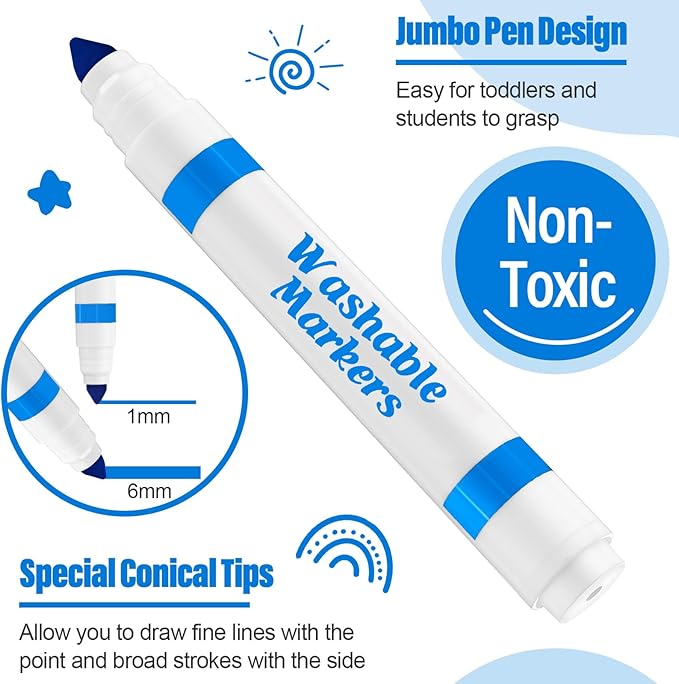 Janlaugh 36 Pcs Light Blue Washable Markers Bulk Coloring Broad Line Markers for Kids Light Blue Conical Tip Drawing Pen for School Travel Art Baby Shower Gender Reveal Party Supplies, Ages 6+