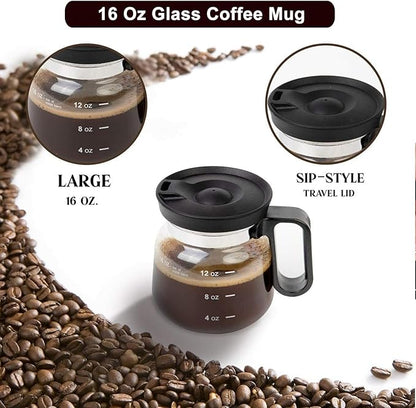 16 Oz Coffee Pot Mug,Mini Coffee Pot Cup,with Spill Proof Lid Heatproof Glass Mug Large Capacity ideal Gift for Coffee Lovers (2Pcs)