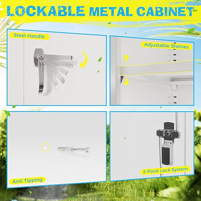 Pataku Metal Storage Cabinet, Garage Cabinet with Doors and Shelves Lockable Steel Multifunctional Cabinets, White File Cabinets for Home, Office, Garage, Warehouse