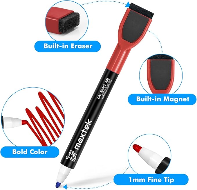 maxtek Magnetic Whiteboard Markers - 12 Count Red Fine Tip Dry Erase Markers with Eraser for Kids, Low Odor Thin Markers for Calendar Boards