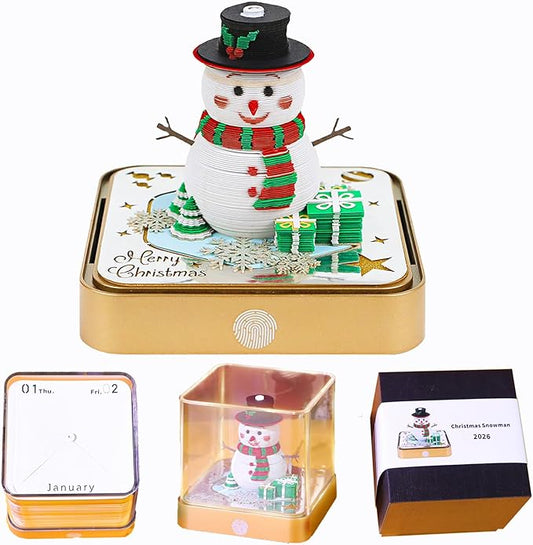 3D Time Piece Calendar 2026 DIY Calendars Tear Away Carving Art 3D Memo Pad Calendar With LED Lights sculpture artsy pads calendar notepad for Desktop Decor-Snowman