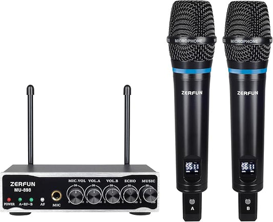 2 Channel Rechargeable Wireless Microphone System, Pro UHF Metal Handheld Wireless Microphones Cordless Mics with Echo Bluetooth VOL Channel Control for Karaoke Singing Church(MU-898)