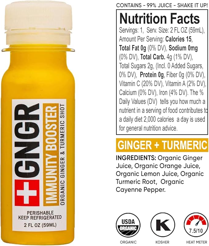 +GNGR 24 Shots Variety Pack of Organic Immunity Boosting Ginger Shots - Cold Pressed Ginger Shots for All Natural Digestive and Immune Support - Nothing Artificial - USDA Organic 2 fl oz (Pack of 24)