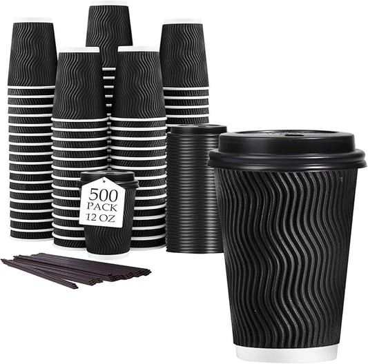 Lamosi 12 oz Disposable Coffee Cups with Lids, 500 Pack Insulated Hot Cups To Go Paper Coffee Cups with Lids and Straws, Corrugated Ripple Wall Cup for Hot Drink, Office, Coffee Bar (Black)