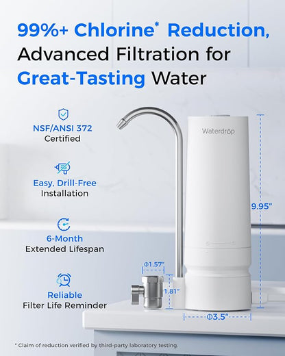 Waterdrop Water Filter for Sink Faucet, 4000 Gallons Countertop Water Filter System and Filter Life Reminder, Reduces Heavy Metals, Bad Odor, and 99% Chlorine, WD-CTF-05 (1 Filter)