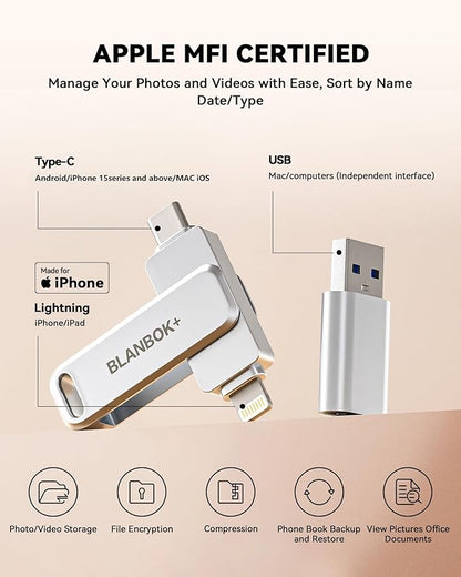 MFi Certified 256GB Flash Drive for iPhone Photo Stick, USB Thumb Drive Memory Stick High Speed USB Drive Photo Storage for iPhone Compatible for iPhone/iPad/Android/PC