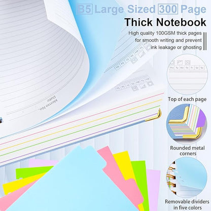 Hardcover Spiral Notebook 8"x10" Journal Notebook with Tabs and Removable Dividers 300 Pages 5 Subject Notebook College Ruled, Faux Leather Spiral Bound Notebook for Women School Work (Lake Blue)