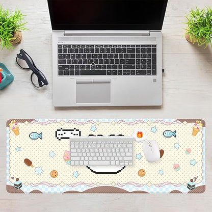 Pixel Cat Desk Mat Cute Kawaii Cartoon Cake Kitten Extended Gaming Mouse Pad Mat with Stitched Edge Non-Slip Base Big Mousepad 31.5"x11.8"