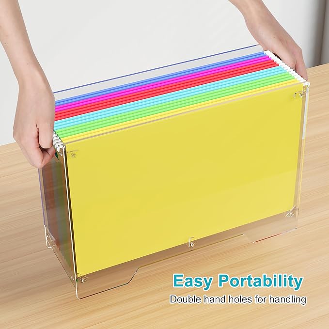 Clear Hanging File Folder Box - for Legal Size - Sturdy Vertical Acrylic Magazine Rack Desk File Organizer with Handle, Transparent Storage Bin for Office Classroom, Assembly Required