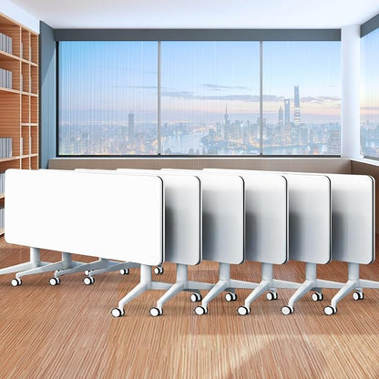 Folding Conference Table,Movable Conference Room Table with Wheels,White Wood Rectangular Conference Table with Modern Business Style,Modular Meeting Training Tables for Office Classroom(6,61'')