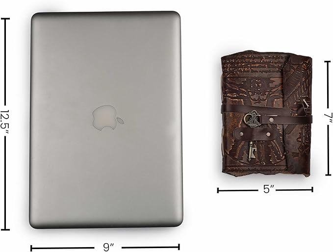 LEATHER VILLAGE Genuine Leather Handmade Journal for Men & Women – Vitruvian Man Embossed Cover – Key Closure – Book of Shadow – Vintage Deckle Edge Paper for Writing, Drawing – 7x5 Inches – Brown