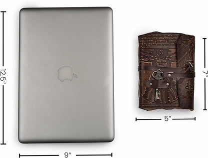 LEATHER VILLAGE Genuine Leather Handmade Journal for Men & Women – Vitruvian Man Embossed Cover – Key Closure – Book of Shadow – Vintage Deckle Edge Paper for Writing, Drawing – 7x5 Inches – Brown