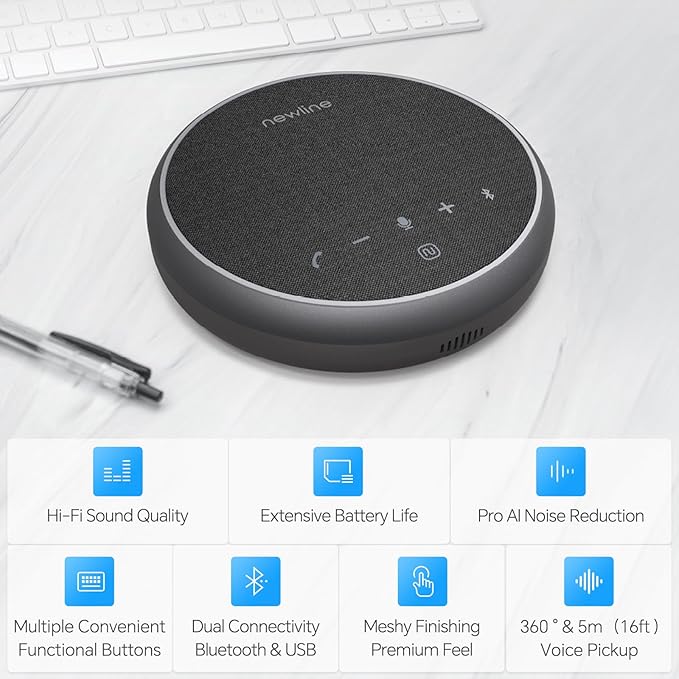 N newline Bluetooth Speakerphone with 360° & 5 Meters (16 Feet) Voice Pickup for Work & Leisure, Pro AI Noise Reduction, High-Efficiency Full-Range Speaker, 12 Hours Battery Life