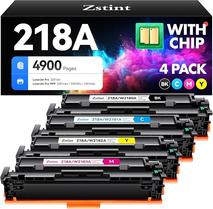 218A Toner Cartridge 4-Pack High Yield with Chip Replacement for HP 218A 218X Toner Compatible with HP Color Laserjet Pro MFP 3301cdw 3301fdw 3301sdw 3201dw Printer W2180A Black Cyan Magenta Yellow
